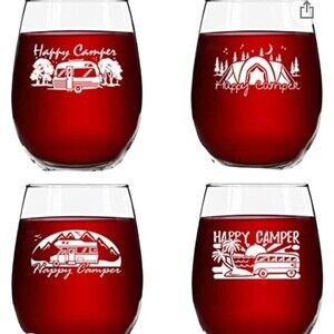 Set of 4 Happy Camper Wine Glasses (15 oz)